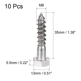 sourcing map Hex Lag Screws, M8 x 35mm 304 Stainless Steel Half Thread Self-Tapping Bolts for Wood Screw 10Pcs