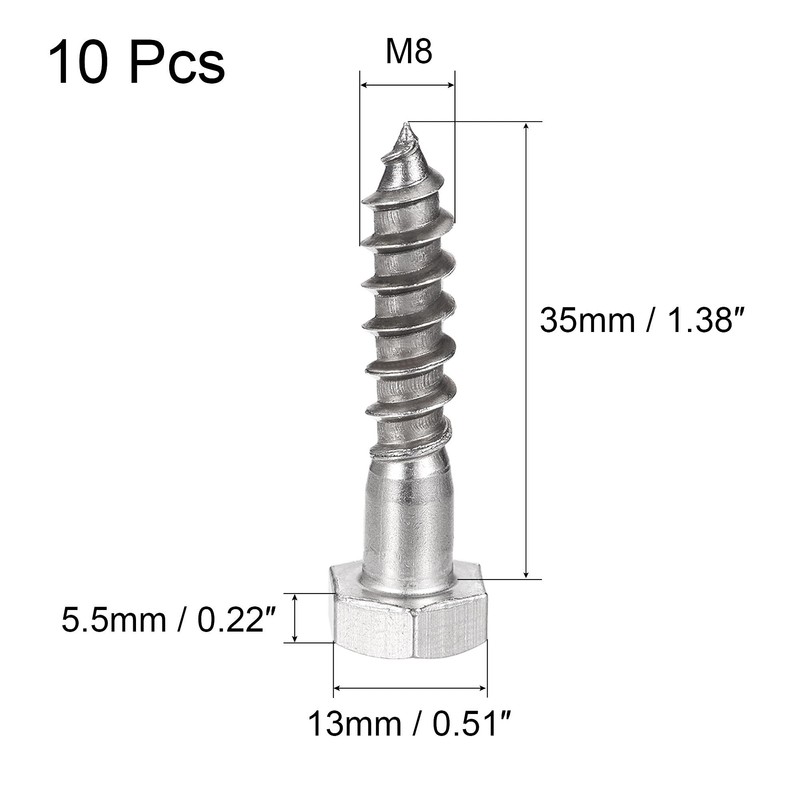 sourcing map Hex Lag Screws, M8 x 35mm 304 Stainless