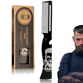 Metal Hair & Beard & Mustache Comb, Multifunctional Folding EDC Pocket Comb With Bottle Opener - Anti-Static for Travel and Everyday Grooming Styling for Men - Black