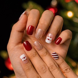 Uranian Square Press on Nails Short Christmas Red Fake Nails with Elk Stripe Designs Cute Glossy False Nails Xmas Bling Glue on Nails Full Cover Acrylic Stick on Nails for Women and Girls (24pcs)(Pattern-J)