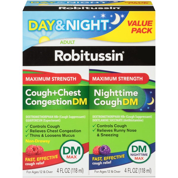Robitussin Maximum Strength Cough + Chest Congestion DM And Maximum Strength Nighttime Cough DM, Cough Medicine For Adults, Berry Flavor - 4 Fl Oz Bottles (Pack of 2)