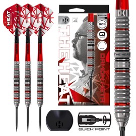 Harrows Damon Heta 90% Tungsten Darts Series 4, Steel Tip Darts Set With Quick Point System Available in 21g, 23g, 24g & 25g with Quick Point Tool, Red Alamo VS2 Shafts & Silika Flights (25g)