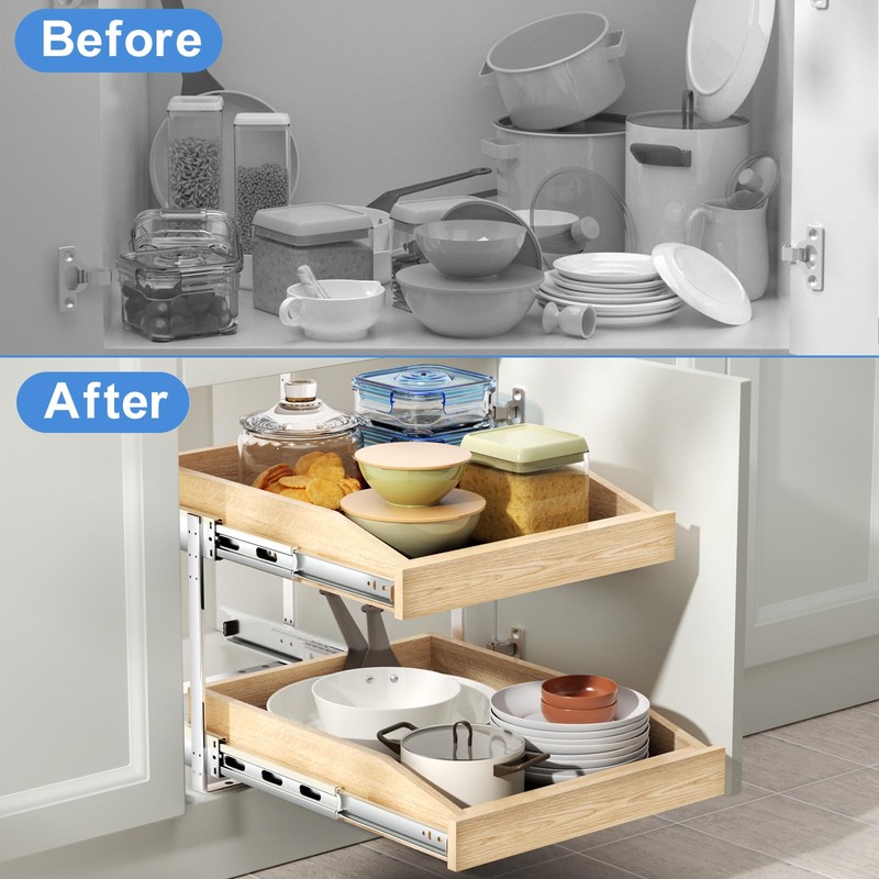 ROOMTEC 2 Tier Pull Out Cabinet Organizer, Double Tier Slide