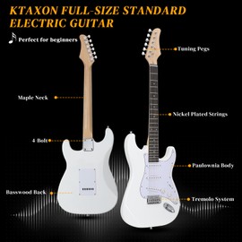 Ktaxon 39 Inch Electric Guitar, Full-Size Beginner Solid Body Electric Guitar Kit with Gig Bag, Strap, Tremolo Bar, Cable & Picks (White)