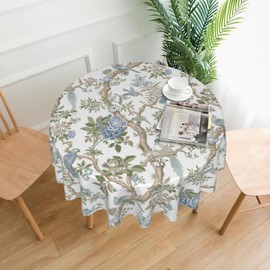 GOLIANDA Blue Green Flower Bird Tablecloth 70 Inch Round Chinoiserie Floral Toile Table Cloth Spring Decorations Polyester Stain Resistance Round Table Cover for Party Picnic Kitchen Decor Outdoor
