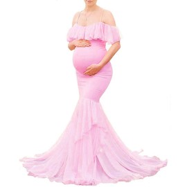 JustVH Maternity Off Shoulder Ruffles Elegant Fitted Gown Spaghetti Strap Mermaid Maxi Photography Dress for Photoshoot Pink
