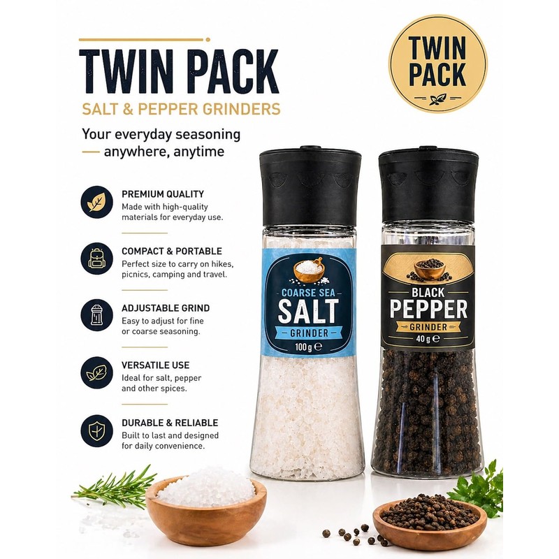 Salt and Pepper Grinder Set 2 Pack Sea Salt 100g