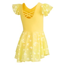 DIPUG Ballet Leotards for Girls with Skirt Shiny Toddler Dance Leotard Butterfly (Yellow, 10-12 Years)