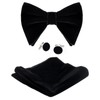 Black Velvet Bow Tie Pocket Square Cufflinks Set for Men,