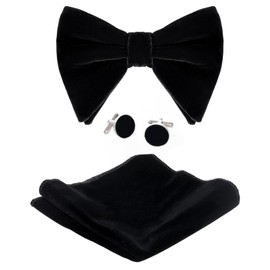 Black Velvet Bow Tie Pocket Square Cufflinks Set for Men, Solid Pre-tied Adjustable Bowtie, Men's Tuxedo Bow Ties