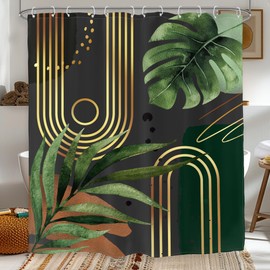 Glawry Dark Green Gold Boho Mid Century Shower Curtain Abstract Tropical Plant Minimalist Modern Geometric Palm Leaf Bathroom Simple 60Wx72L Inches Bath Accessories Art Home Decor Fabric 12 Pack Hooks