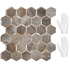 STICKGOO Hexagon Peel and Stick Backsplash Tile, Stick on Backsplash for Kitchen and Bathroom, Wood Texture PVC Mixed Metal Gold Self Adhesive Wall Tiles(10 Sheets, Seamless)