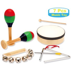 MUSICUBE 7 Pcs Kids Wood Musical Instruments, Percussion Set with Drums for Kids Children Musical Toys for School, Music Center