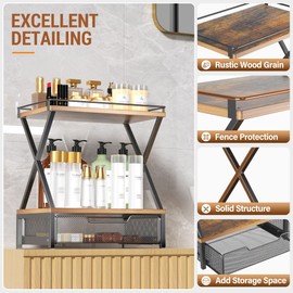2 Tier Bathroom Counter Organizer with Drawer, Wood Vanity Bathroom Organizers and Storage for Perfume Skincare, Rustic Organizer Countertop Shelf for Bathroom Bedroom Kitchen Storage