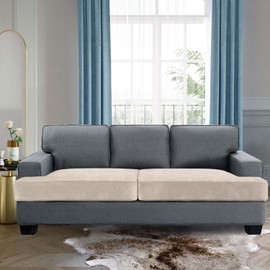 H.VERSAILTEX Stretch Velvet 2 Piece T-Cushion Cover Sofa Separate T-Cushion Cover Seat Cushion Cover for Sofa Couch Cushion Slipcovers Furniture Protector with Elastic Bottom(Sofa, Ivory)