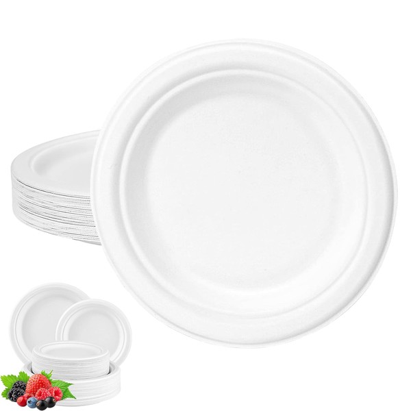 Disposable Paper Plates White 6inch/15cm,Super Rigid Bagasse Plates Eco-Friendly Compostable Biodegradable Plate,50Pack Sturdy Sugarcane Plates Party Plates Strong Plates Heavy Duty for Hot/Cold Food