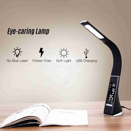 Eye Caring Reading Lamp 3 Gears Adjustable Brightness Calendar Clock Temperature Function USB Reading Light Black