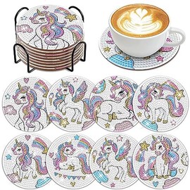 WOWDECOR DIY Diamond Art Coasters to Make Set of 8 with Holder, 5D Unicorn Diamond Painting Coasters Kits Crystal Art Coaster for Car Cups Drinks Home Bar