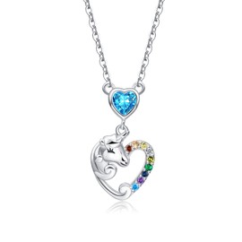 Qings Unicorn Girl Necklace Silver 925 Birthstone Necklaces Birthday Gift with Heart Pendant Chain Jewellery Gifts for Girls Women Daughter, Sterling Silver, Cubic Zirconia