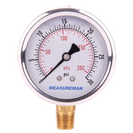 MEASUREMAN 2-1/2inch Dial Size, Oil Filled Pressure Gauge, 0-30psi/kpa, 304 Stainless Steel Case, 1/4 inchNPT Lower Mount