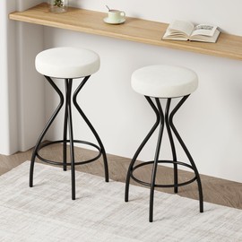 EQEY Modern Backless Bar Stools Set of 2 with footrest, 30" Round Upholstered Counter Stools with Velvet Upholstered and Metal Frame for Kitchen Island Velvet,Dining Chairs (Black & Creamy White)