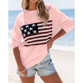 BONITEE Long Sleeve Sweater for Women USA Flag Graphic Pullover Casual Crew Neck Loose Knit Tops 2025 Trendy Elegant Winter Blouse Pink M