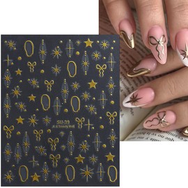 8 Sheets Star Bows Nail Stickers for Nail Art Valentine's Day Star Bows Nail Decals 3D Self-Adhesive Laser Gold Silver Purple Star Bow Nail Design Sticker Holiday Nail Decoration for Women and Girls