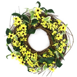 CVHOMEDECO. Rustic Country Artificial Yellow Daisy and Twig Wreath, Year Round Full Green Wreath for Indoor or Outdoor Display, 14-Inch