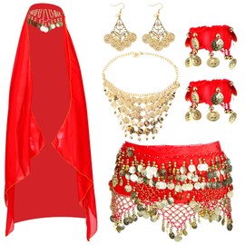 8-Sets Women's Belly Dance Accessories, Belly Dance Hip Scarf Wrap Belt Bohemian Gold Coin Drop Necklace Earrings Headpiece Dance Bracelet Belly Dance Face Veil for Women Belly Dance Costume (Red)