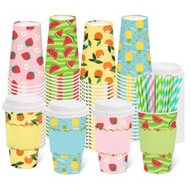 Whaline 60 Sets Fruit Theme Coffee Cups with Lids and Sleeves 16oz Strawberry Watermelon Pineapple Paper Cup Disposable To Go Coffee Cup for Summer Baby Shower Birthday Party