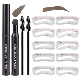 Eye-Brow Stamp Stencil Kit, Waterproof Brow Stamp Shaping Kit Eyebrow Definer, Eyebrow Filling Powder Stamp, Eye Brow Stamping Kit with 10 Eyebrow Stencils, 2 Eyebrow Brushes for Women (Gray Black)