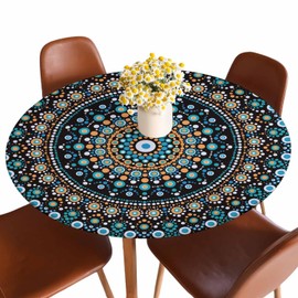 Guxxuil Dot Mandala Round Tablecloths Elastic Edged Black Blue Abstract Point Ethnic Round Ornament Tablecloths Washable Reusable Tablecloths for Kitchen Picnic Party 40-44 inch