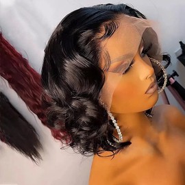 13x6 Deep Part Wave Bob Wig HD Transparent Lace Front Human Hair Wig With Baby Hair Short Wavy Hair For Black Women Pre Plucked Brazilian Remy Hair Natural Color Bleached Knots 150% Density 16Inch