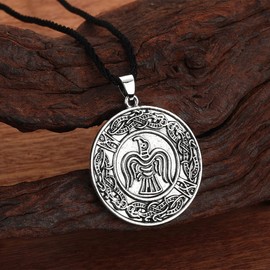 LUTAKU Vintage Raven Banner Pendant Viking Raven Necklace for Men Antique Silver Charm Black Leather Chain Male Amulet Jewellery Leather, Stainless steel, alloy