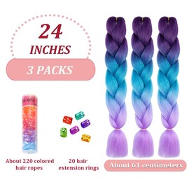 BouGPeng Braids Extensions, 3 Pieces, 24 Inch Braiding Hair Extensions, 100 g/Bundle, Ombre Synthetic Hair for Braiding for Crochet Twist Braiding Hair (Dark Purple/Sea Blue/Light Purple)
