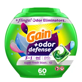 Gain Flings Laundry Detergent Pacs with Odor Defense, 60 Count, Super Fresh Blast Scent, HE 3in1 Detergent Pacs with Febreze and Oxi
