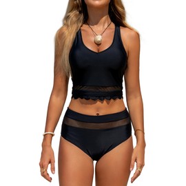 Beachsissi Women's Plain Wavy Edge and Mesh Patchwork Bikini Sets, black