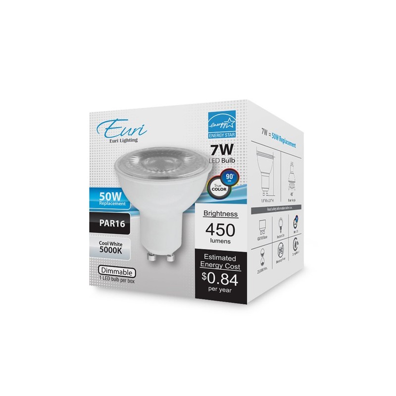 Euri Lighting EP16-4050ew PAR16 Light Bulb, GU10 Base, 450 lm,