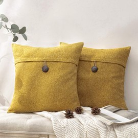 Phantoscope Pack of 2 Farmhouse Throw Pillow Covers Button Vintage Linen Decorative Pillow Cases for Couch Bed and Chair Dark Yellow 18 x 18 Inches 45 x 45 cm