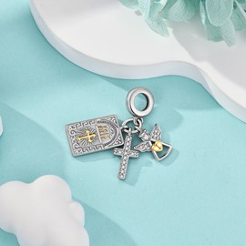 YAFEINI Christian Bible Charm Pendant for Bracelets 925 Sterling Silver Religious Cross Angel Bead Holy Bible Jewellery Gift for Women, Sterling Silver, No Gemstone