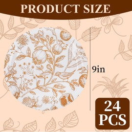 24Pcs Fall Floral Paper Plates Gold Flowers Birds and Fruits Paper Dessert Plates Vintage 9" Disposable Round Plate for Thanksgiving Harvest Birthday Baby Shower Party Supplies