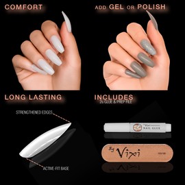 By Vixi 500 LONG COFFIN/BALLERINA NAIL SET with FREE GLUE & PREP FILE, 10 Sizes - Opaque Express Full Cover False Fingernail Extensions for Salon Professionals & Home Use