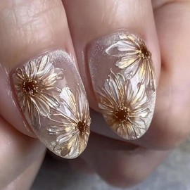 DOLIROLI Press On Nails Almond, Salon Quality Nails Art, for Women Gift, Bling Glossy Daisy 3D Flower False Nail, Supremely Fit & Natural Reusable Stick On Nails - 24 Fake Nails Kit