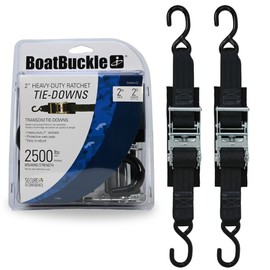 BoatBuckle F14206 Transom Boat Tie Down Straps to Trailer, 2-In x 2-Ft, 2-Pack, 2500lbs Break Strength Each, Heavy Duty Ratchet Straps Transom Tie-Downs, Zinc-coated Steel Ratchet & Rubberized S-Hooks