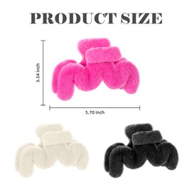 Yonchic 3-Piece Faux Fur Hair Clips for Women Girls, Large Plush Claw Clip for Thin Thick Long Hair, Soft Fuzzy Non-Slip Hair Accessories (Black & White & Red)