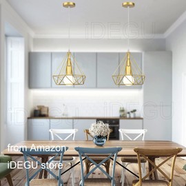 iDEGU Retro Pendant Light 25 cm Industrial Pendant Lamp Vintage Ceiling Light Diamond Shape Lampshade Cage Design Vintage Lamp for Living Room Bedroom Kitchen (1 Piece, Gold)