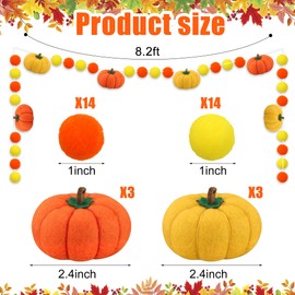 8.2ft Fall Pumpkin Felt Garland Thankgiving 3D Pumpkin Hanging Felt Banner for Home Pre-Assembled Orange Yellow Pom Ball Banner Decor for Autumn Thanksgiving Home Mantel Wall Window Party Decoration
