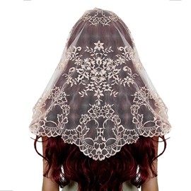 VELUTHERINE Chapel Veils Catholic Mass Mantilla - Champagne Wedding Bride Bridesmaid Veil Spanish Pomegranate Flower Cross Triangle Veil Latin Mass Mantilla With Gift Box