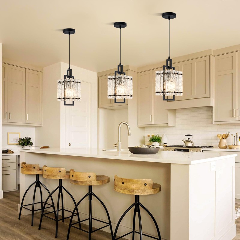 Black Crystal Pendant Light for Kitchen Island, Luxury Water Ripple