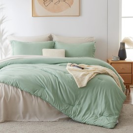 CozyLux Queen Comforter Set Sage Green and Beige, 7 Pieces Queen Bedding Set Contrasting Design with Comforter, Flat Sheets, Fitted Sheet, Pillowcases & Shams, Boho Bed in a Bag Queen for All Season